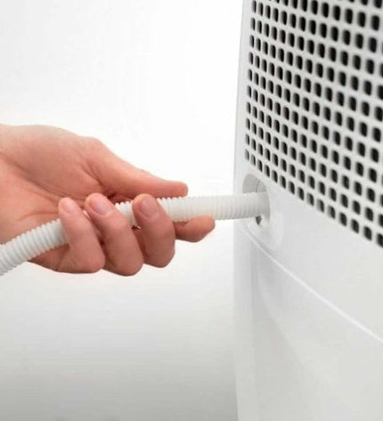 DeLonghi DEX210SF white portable air conditioner with digital display and adjustable vents for home cooling.