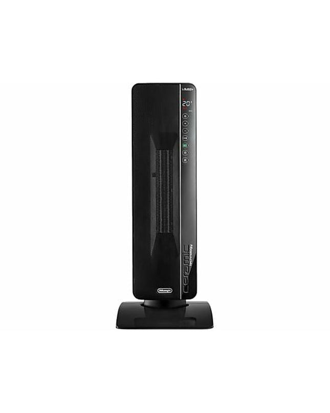 DeLonghi TCH8993ER.BC black portable heater with 2400W power, suitable for home heating and cooling, front view.
