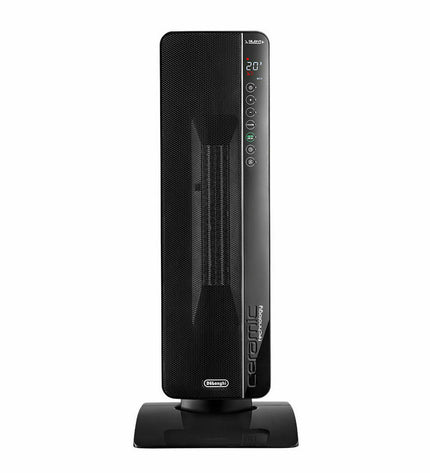 DeLonghi TCH8993ER.BC black 2400W portable heater for home and kitchen, with digital controls and sleek design.