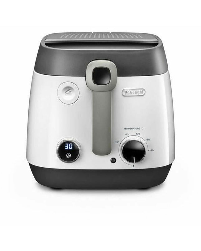DeLonghi frituurmachine for home cooking, compact electric kitchen appliance with stainless steel body and control dial.