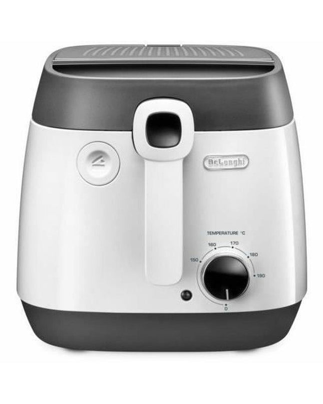 DeLonghi frituurmachine for home cooking, compact electric appliance with a stainless steel basket and control dial.