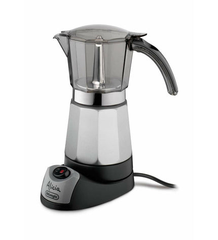 DeLonghi Alicia EMK9 Italiaanse koffiepot in zwart, compact design, perfect for brewing espresso and coffee at home.