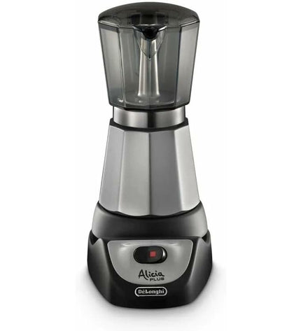 DeLonghi Alicia EMK9 Italiaanse koffiepot in zwart en zilver, with sleek design for brewing coffee at home.