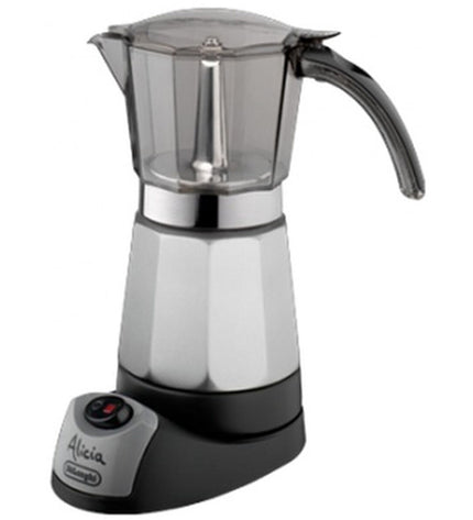 DeLonghi Alicia EMK9 Italiaanse koffiepot for brewing espresso and coffee, black and stainless steel finish, kitchen appliance.