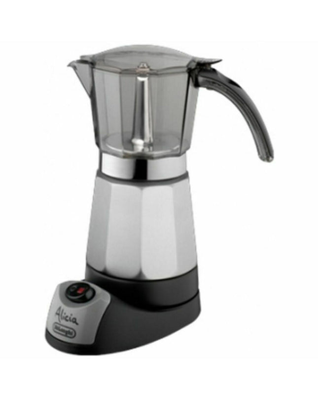DeLonghi Alicia EMK9 Italiaanse koffiepot for brewing espresso and coffee, black and silver kitchen appliance.