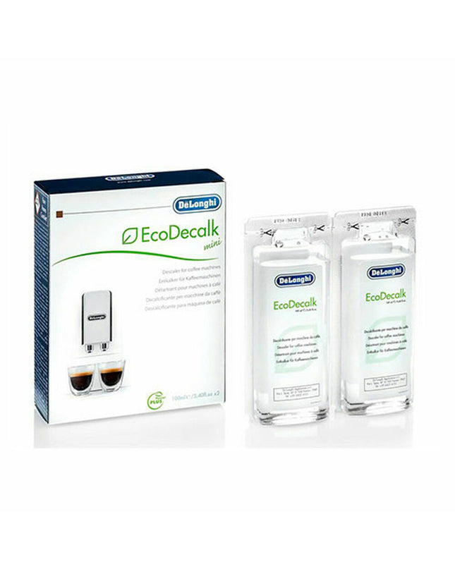 DeLonghi water softener and descaler for coffee machines, 2 x 100 ml bottles, in a kitchen setting.