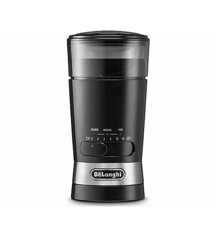 Black DeLonghi KG210 electric coffee grinder for home use, featuring a compact design for grinding coffee beans.