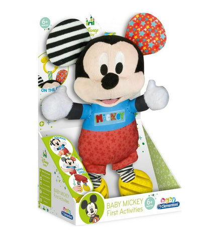 Mickey Mouse baby rattle and teething toy, soft plush with colorful details, measuring 18x28x11 cm for young children.