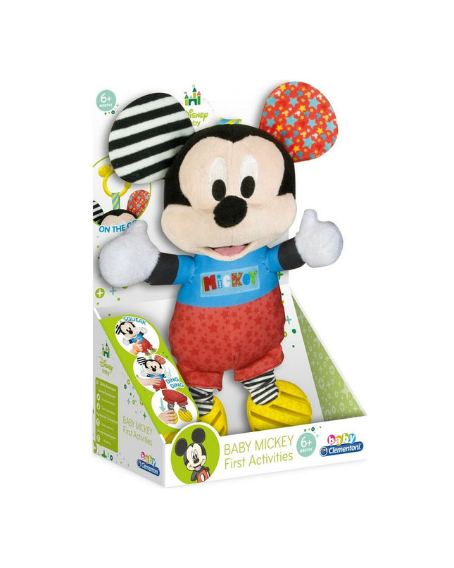 Mickey Mouse baby rattle and teething toy, soft plush with colorful details, measuring 18x28x11 cm for young children.