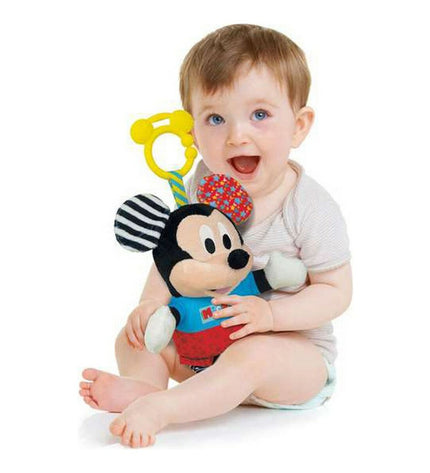 Mickey Mouse baby teether rattle toy with colorful plastic and soft fabric, measuring 18x28x11 cm, for young children.