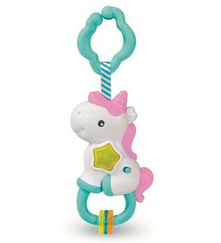 Clementoni Magic Unicorn musical rattle for babies, soft plush toy with a colorful unicorn design and a handle for easy gripping.