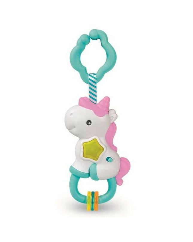 Clementoni Magic Unicorn musical rattle for babies, soft plush toy with a colorful unicorn design and a handle for easy gripping.