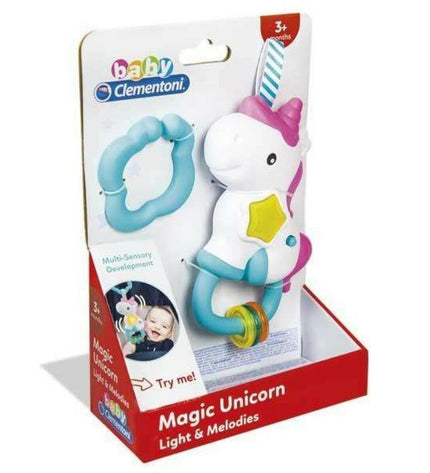 Clementoni Magic Unicorn baby rattle toy with colorful plush unicorn and rattling features for young children.