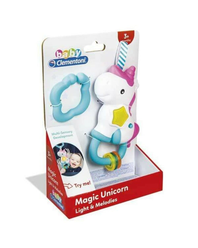Clementoni Magic Unicorn baby rattle toy with colorful plush unicorn and rattling features for young children.