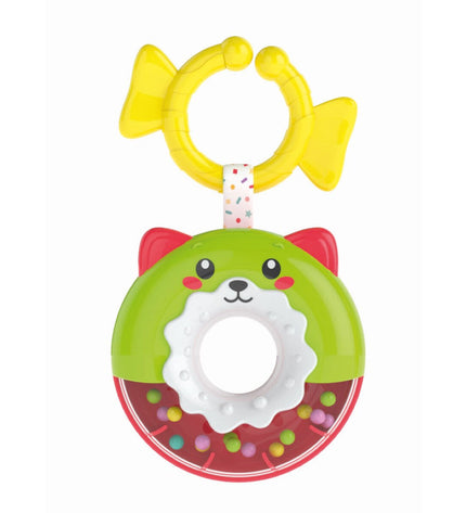 Colorful Clementoni baby rattle with soft handles and textured surface, designed for young children’s sensory development.