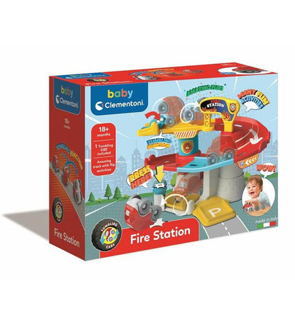 Clementoni race track toy with colorful cars and track pieces, suitable for children’s play and racing games.