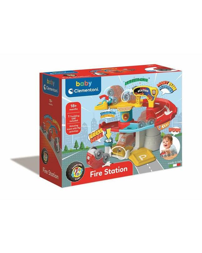 Clementoni race track toy with colorful cars and track pieces, suitable for children’s play and racing games.