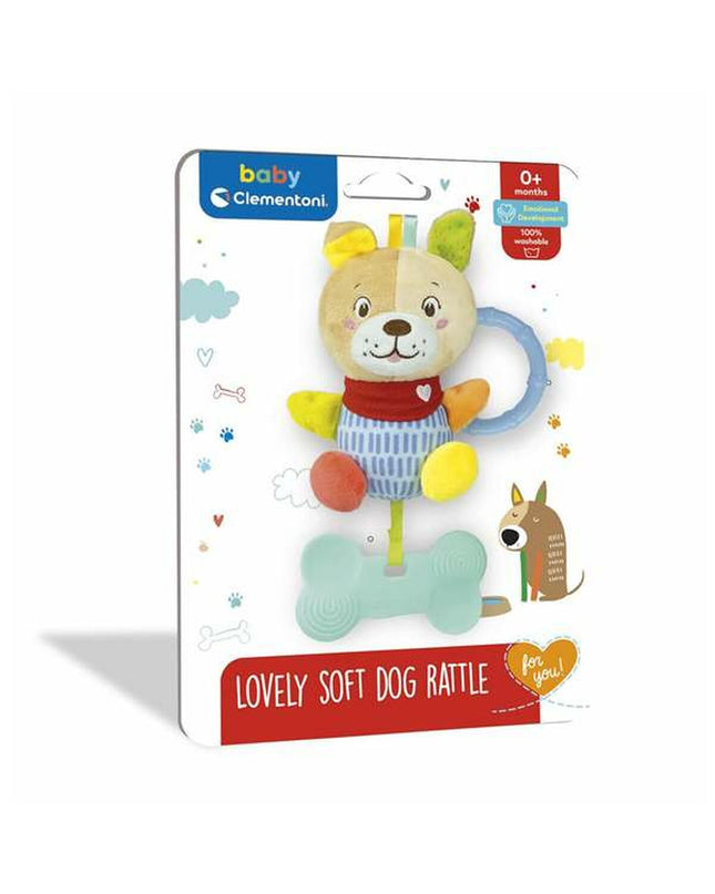 Clementoni Lovely Dog soft rattlespeeltje for babies, 18x25x6 cm, featuring a plush dog toy for young children to play with.