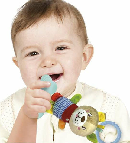Clementoni Lovely Dog soft rattlespeeltje for babies, 18x25x6 cm, featuring colorful plush fabric and a gentle rattling sound.