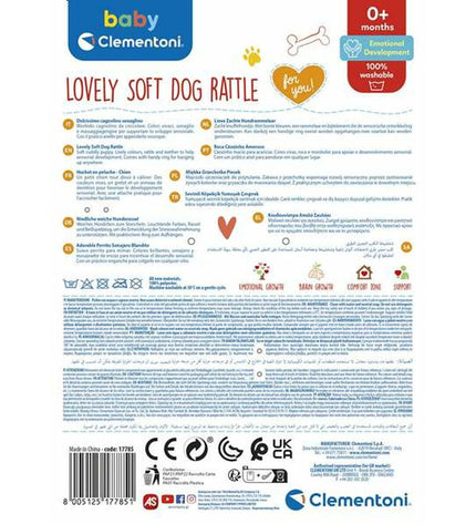 Clementoni Lovely Dog soft rattlespeeltje for babies, 18x25x6 cm, colorful plush toy for young children.