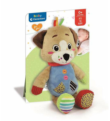 Clementoni Pete the dog plush toy, soft stuffed animal measuring 16x22.5x8.5 cm, ideal for children’s cuddly play.