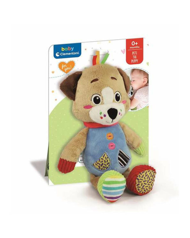Clementoni Pete the dog plush toy, soft stuffed animal measuring 16x22.5x8.5 cm, ideal for children’s cuddly play.