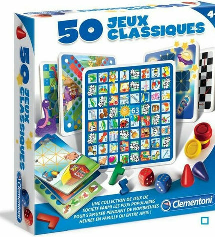 Clementoni 50 Classic Games board game set with colorful game pieces and cards, perfect for family and friends' game nights.
