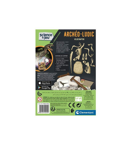 Clementoni Archéo Ludic velociraptor science game toy for learning and education, featuring a detailed velociraptor figure.