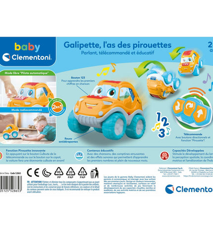 Clementoni police car toy on remote control, colorful vehicle suitable for children, part of Clementoni's toys and games vehicle collection.