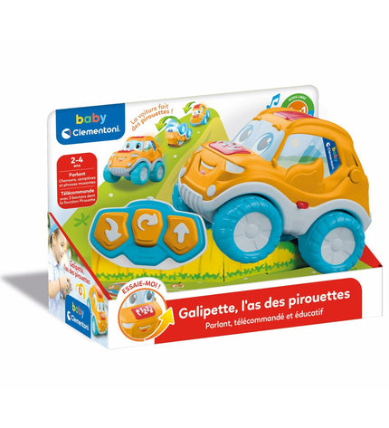 Clementoni remote control police car toy, colorful vehicle with police markings, designed for children to play and maneuver.