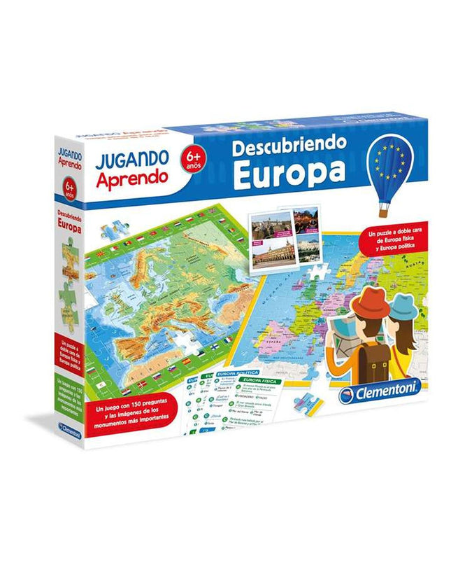 Clementoni Discover Europe science game with colorful game pieces and game board for educational fun about European geography.