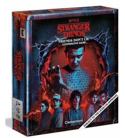 Stranger Things board game featuring character illustrations and game components on a colorful game board.