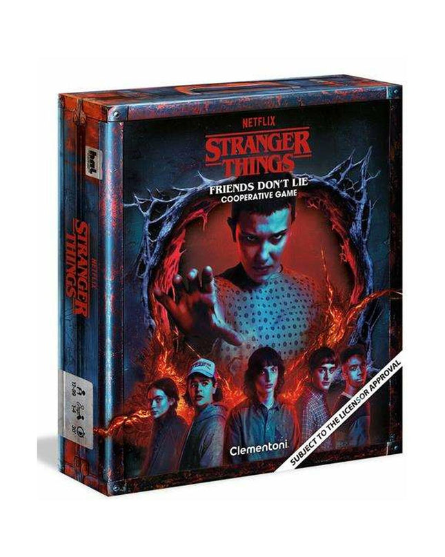 Stranger Things board game featuring character illustrations and game components on a colorful game board.