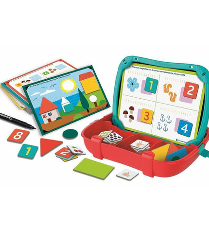 Clementoni educational game briefcase with number and shape learning toys, featuring colorful pieces on a white background.
