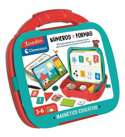 Clementoni educatief spel briefcase with colorful number and shape pieces, measuring 27.5 x 23 x 5 cm, for kids' learning activities.