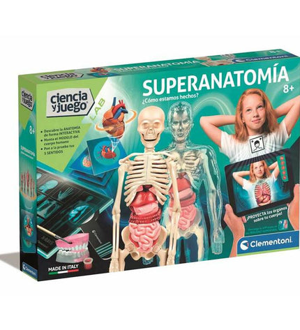 Clementoni Superanatomía science game with colorful educational parts for learning human anatomy and biology.