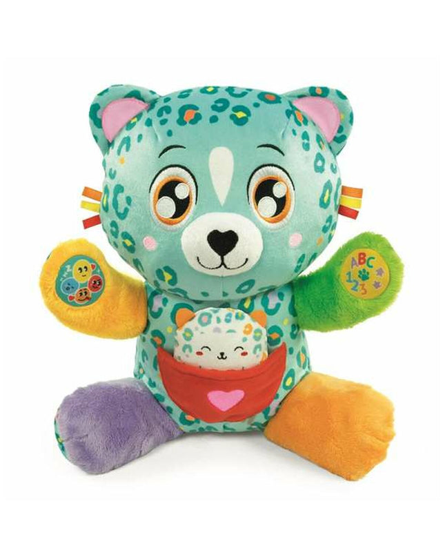 Soft Clementoni leopard plush toy, featuring realistic spots and cuddly fabric, ideal for children’s play and comfort.