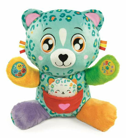 Soft leopard plush toy from Clementoni, featuring detailed leopard print and a cuddly, plush texture perfect for children.