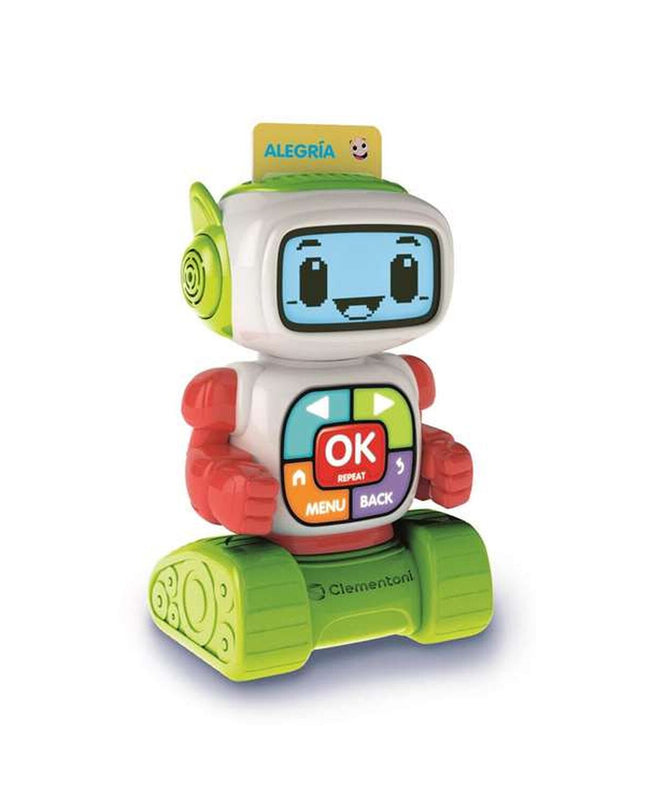 Clementoni interactieve robot toy, electronic toy with sensors, buttons, and colorful design for children to play and learn.