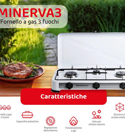 Melchioni Minerva3 gas camping stove with burners for outdoor cooking, ideal for camping and outdoor activities.
