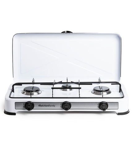 Melchioni MINERVA3 gas stove for outdoor camping and hiking, compact portable gas cooker with control knobs and sturdy build