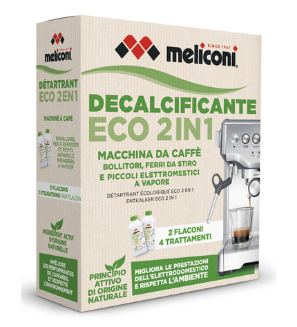 Meliconi Waterontharder for home and kitchen, used with coffee and tea, showing the compact water softening device.