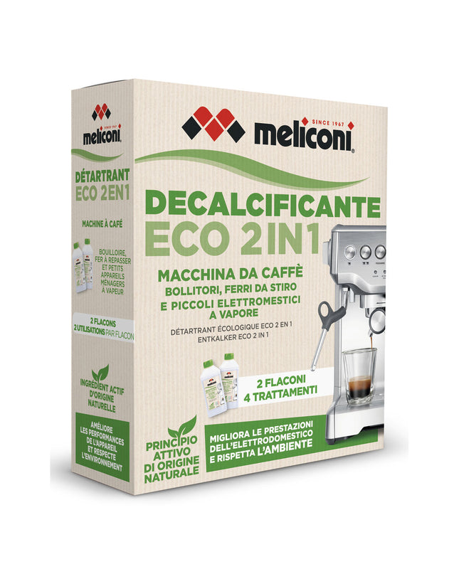 Meliconi Waterontharder for home and kitchen, used with coffee and tea, showing the compact water softening device.