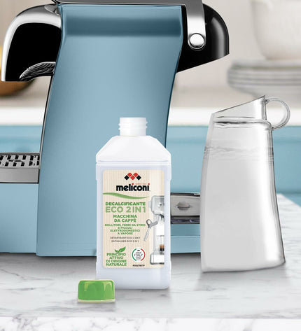 Meliconi Waterontharder for home and kitchen, used with coffee and tea appliances, in a compact white unit.