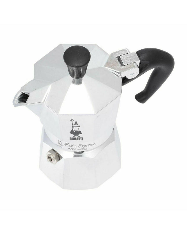 Bialetti Italiaanse koffiepot zilverkleurig 60 ml voor huis en koken, geschikt voor koffie en thee bereiden, close-up of side view