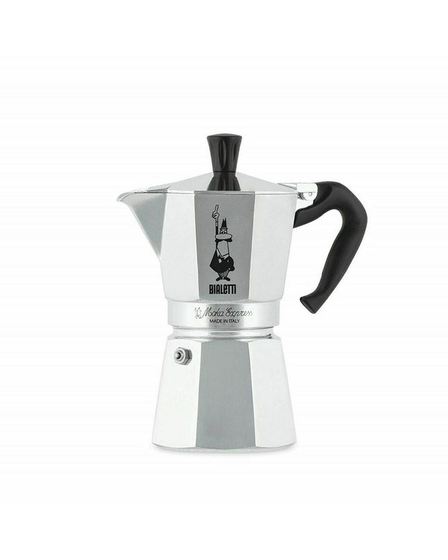 Bialetti Italiaanse koffiepot in zilverkleurig aluminium met 6 kopjes, perfect voor huis en koken koffie en thee.