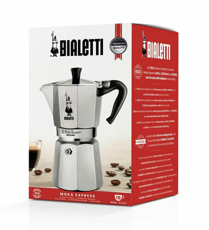 Bialetti Italiaanse koffiepot in zilverkleur, stovetop moka pot for brewing espresso-style coffee.