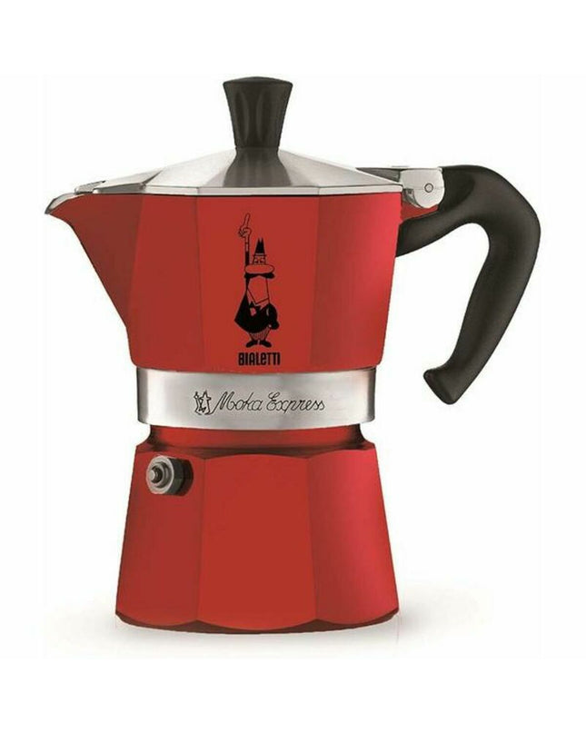 Red aluminium Bialetti Italian coffee pot with three cups for making espresso, suitable for home and kitchen use.