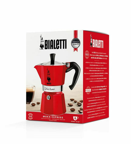 Red Bialetti Italian coffee pot with six cups for brewing espresso or strong coffee, ideal for home kitchen use.