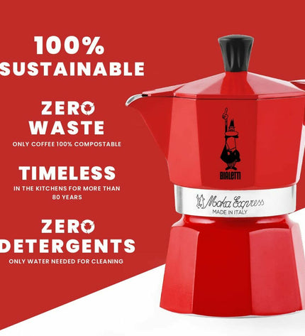 Red Bialetti Italian coffee pot with 6 cups, classic stovetop moka maker for rich espresso-style coffee.